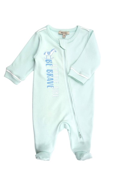 Ozmoz By Mukadder Özden Baby Boy Romper with Organic Embroidery and Printed Light Mint Green Booties