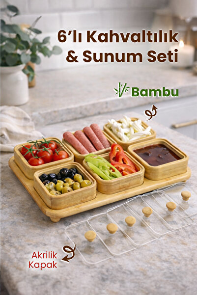 naturelove 6 Bölmeli Bambu Tepsili Kahvaltılık Seti – Akrilik Kapaklı Çerezlik Çok Amaçlı Servis Sunum Tepsisi