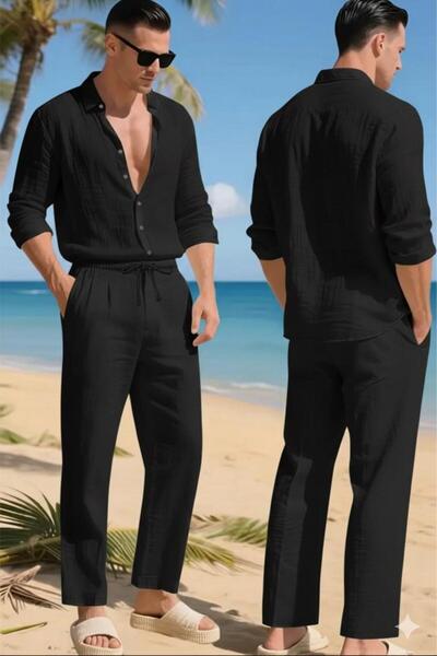 CAST COLLECTİON Men's Black Summer Muslin Shirt and Black Pants Set