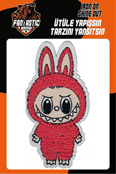 FANTASTIC ARMA Labubu peglačka zakrpa Tkano Arma zakrpa - crvena boja (12 x 6cm)