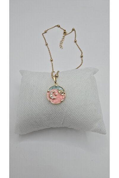 NO NAME Stainless Steel Moon and Planet Themed Zircon Stone Gold Color Necklace