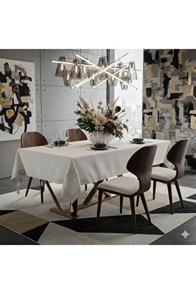 Finezza Irem Cremă Brodată din Tesatura de In Cremă Față de Masă 160*220 Cm