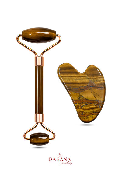 DAKANA JEWELLERY Sertifikalı Kaplan Gözü Yüz Masaj Taşı Roller ve Gua Sha Set