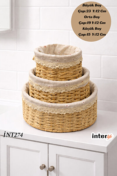 İnterlife 3-Piece Wicker Basket Round Wicker Basket with Fabric Lining |   Mu...