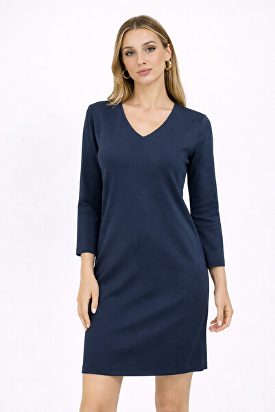 Nuevo Lacivert V Yaka Uzun Kollu Elbise – Diz Üstü, Günlük & Şık