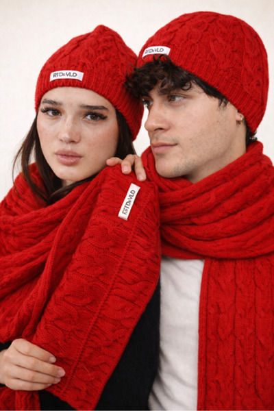 RTD&VLD Unisex Vita-262 Sano Örgü Desen Triko Atkı-Bere Takım Kırmızı