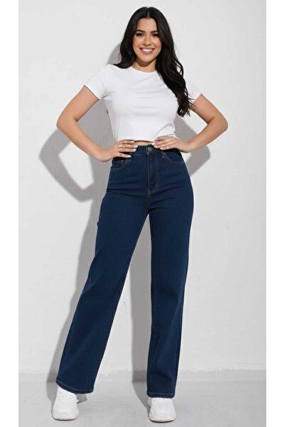 NWC Pantaloni de damă cu picioare largi, albastru bleumarin, super talie înal...