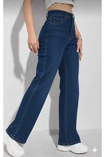 NWC Pantaloni de damă cu picioare largi, albastru bleumarin, super talie înal...