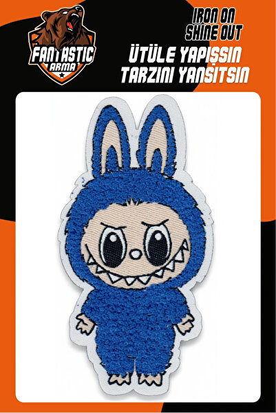 FANTASTIC ARMA Labubu peglačka zakrpa Tkano Arma zakrpa - plava boja (12 x 6cm)