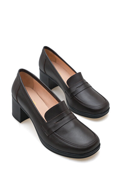 GNS Shoes Elegant Genuine Leather Brown Skin Thick Heeled Loafer Shoes