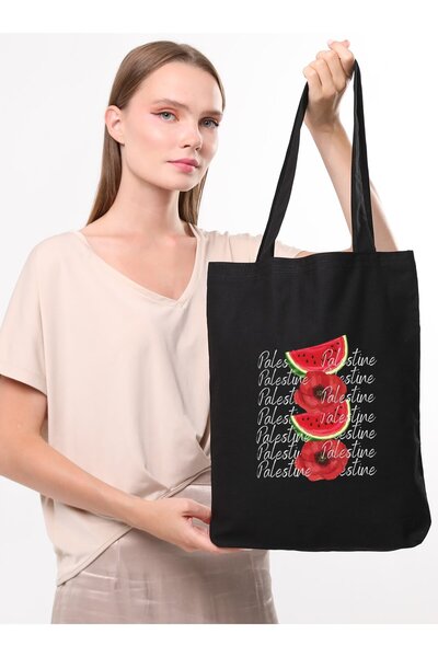Çınar Bez Çanta Siyah Kanvas Filistin Gelincik Baskılı Çanta - Siyah -