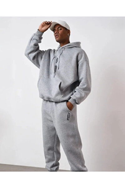ALCİNOUS Vertical Text Printed K Hooded Oversize Tracksuit Set