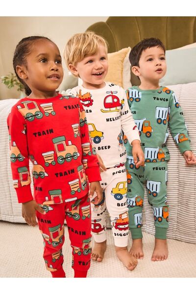 Next Baby 100% Organic Cotton Multi-Colored Transportation Pattern Pajamas 3-Piece Top and Bottom Set Alyap9443
