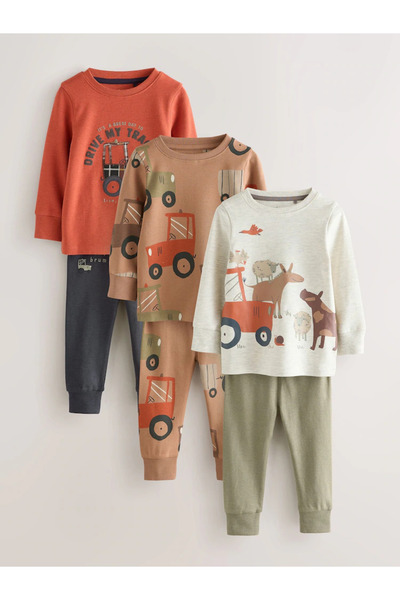 Next Baby 100% Organic Cotton Brown/Orange Animal Pattern Pajamas 3-Piece Top and Bottom Set Alyf19900
