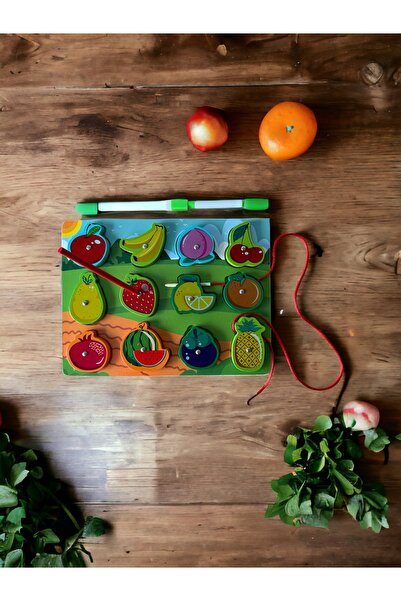 Keskin 3in1 Ahşap Meyve Tutma Oyunu, Yazı Tahtası, İp Geçirme Oyunu