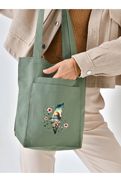 Çınar Bez Çanta 2 Cepli Gül Ve Filistin Baskılı Mint Yeşili Gabardin Çanta - ...