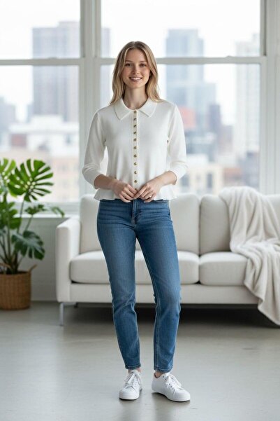 Maysev Peter Pan collar Slim Fit Long Sleeve Gold Buttoned Flounced Peplum He...