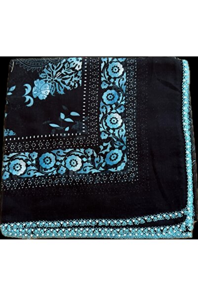 MentorAly El Emeği İğne Oyalı Tülbent – Siyah Zemin Turkuaz Mavi Detaylı
