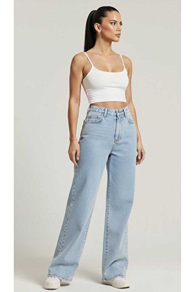 NWC Pantaloni casual material elastic pentru femei, albastru gheață, spălat c...