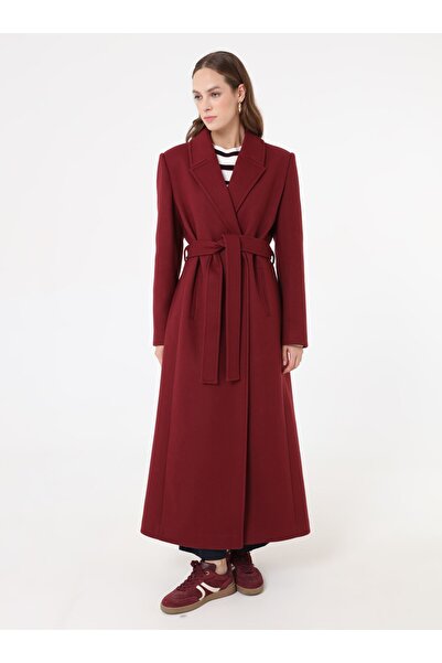 Refka Long Classic Coat with Belt Detail - Burgundy -