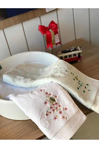 Tusebu طقم مناشف ضيافة مطرزة مكون من قطعتين - أبيض وكريمي، قطن ناعم