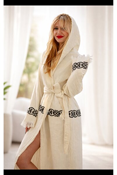 hat craft Kadın desenli kimono müslin bornoz , kuşaklı, püskül detaylı, rahat...