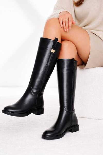 Melinta Shoes Melinta Fermuarlı Gold Tokalı Siyah Çizme