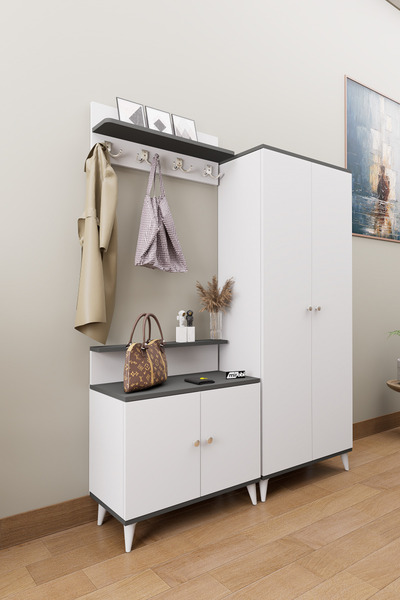 Mirobi Loft Vestiyer Takımı Askılıklı 2 Kapaklı Ayakkabılık Dolabı Beyaz Antr...