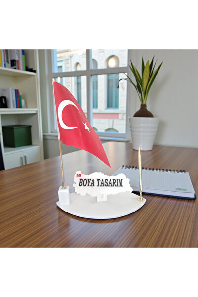 ecay mermer ürünleri Doğal Beyaz Harita Mermer İsimlik Bayrak ve Kalemli Gold