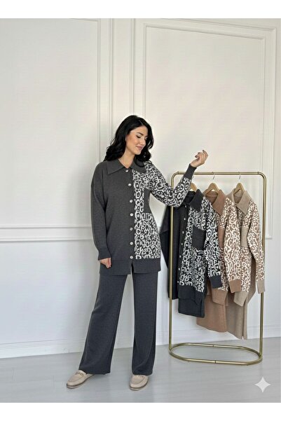 BY HUPE Women's Buttoned Leopard Print Wide Leg Soft Textured Gray Knitwear Set