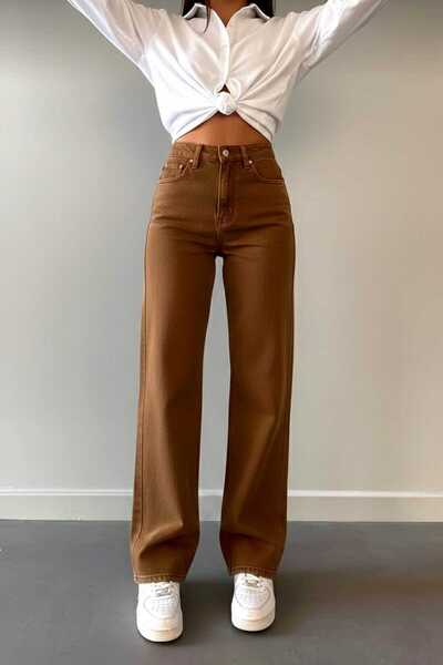 NWC Pantaloni de damă maro Super talie înaltă casual material elastic cu pici...