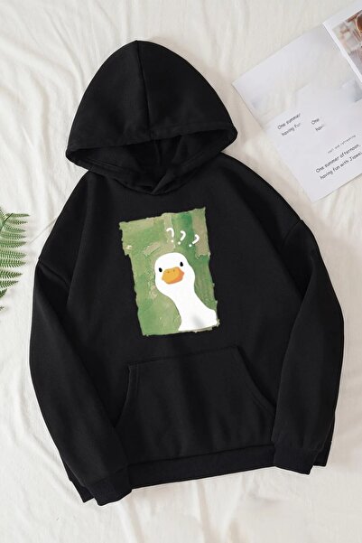 Rokeby Unisex Duck με τύπωμα με κουκούλα Μαύρο φούτερ με κουκούλα με τσέπη κα...
