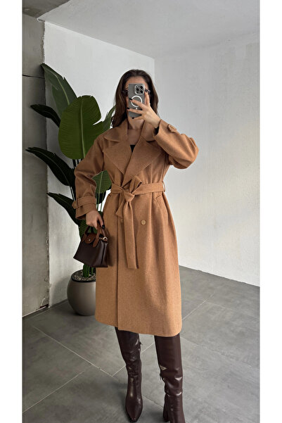 asfamoda Women's Tan Double-Breasted Oversized Premium Quality Belted Full Le...