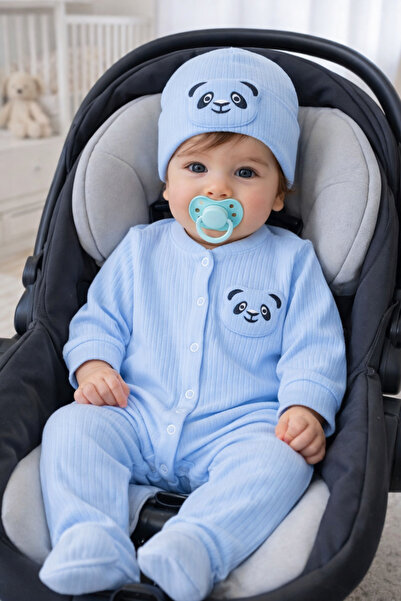 MBK GARDEN Panda Embossed Cotton Baby Romper & Hat Set