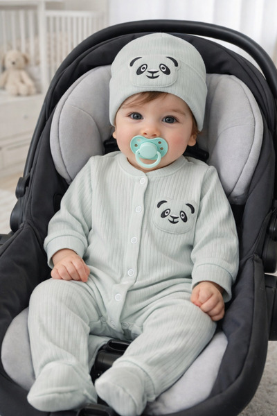 MBK GARDEN Panda Embossed Cotton Baby Romper & Hat Set