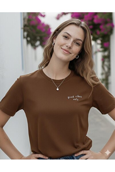 BW Bravely Wear Good Vibes Only Baskılı Kadın Basic Yazlık Tişört