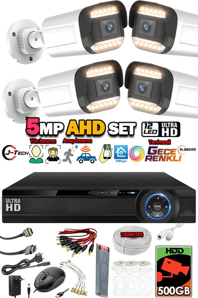 J-TECH 5MP 7070 Renkli Gece Görüşlü 4 Lü 500GB Akıllı Güvenlik Kamera Seti – ...