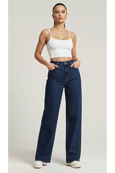 NWC بنطلون جينز فضفاض للنساء من داكن قماش قابل للتمدد ذو أرجل واسعة باللون ال...