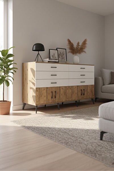 Malimah Mobilya Kronos Serisi 2 Raflı 6 Çekmeceli 4 Kapaklı Konsol Çam Aytaşı...