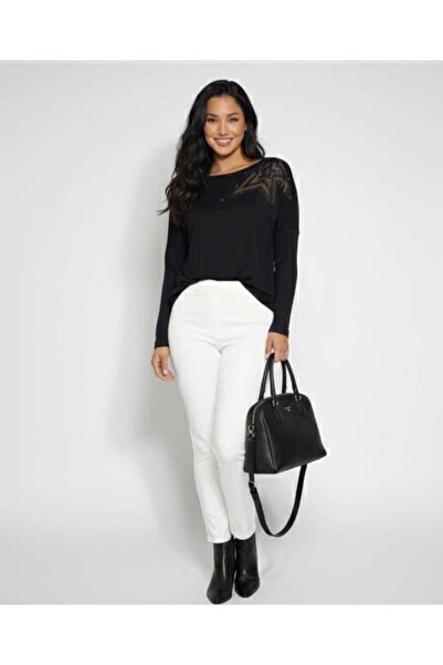 MODA Siyah çelik triko yıldız tül detaylı esnek triko kazak