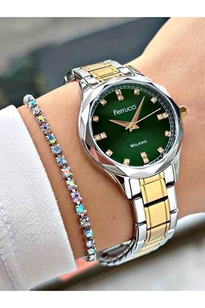 Ferrucci TAŞ RAKAMLI YEŞİL KADRANLI GOLD GÜMÜŞ METAL KADIN KOL SAATİ