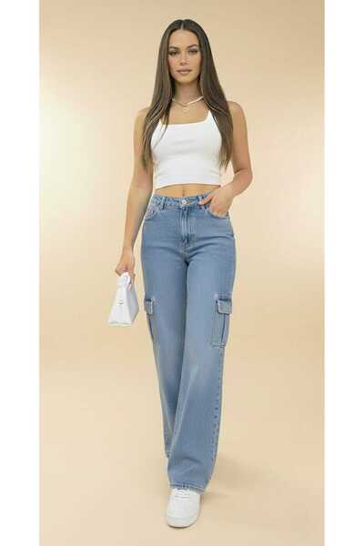 NWC Pantaloni de blugi din denim pentru femei, albastru mediu, super talie în...