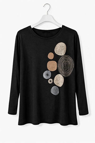 günay boutıque Plus Size Black Long Sleeve Mom's Blouse – Printed Crew Neck