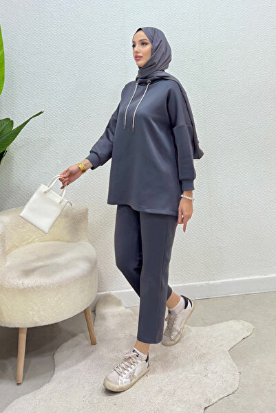 Tesettür Diyarı Scuba fabric lace detailed winter suit - anthracite