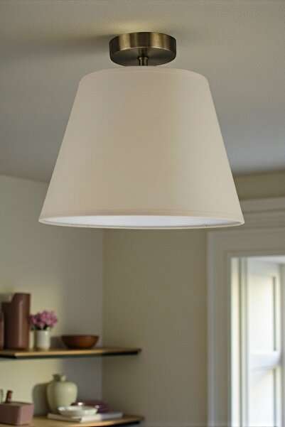 Bamyum Cotella Krem Kumaş Dokulu Tekli Piramit Plafonyer Başlık Retro Salon A...