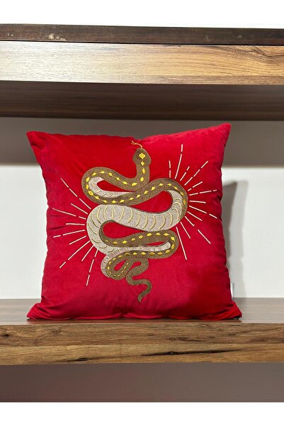 KIRLENTİM Kırmızı Kadife Üzerine Nakışlı Yılan Desen Kırlent-Kılıf