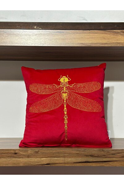 KIRLENTİM Κόκκινη βελούδινη μαξιλαροθήκη με κεντημένο σχέδιο λιβελλούλης