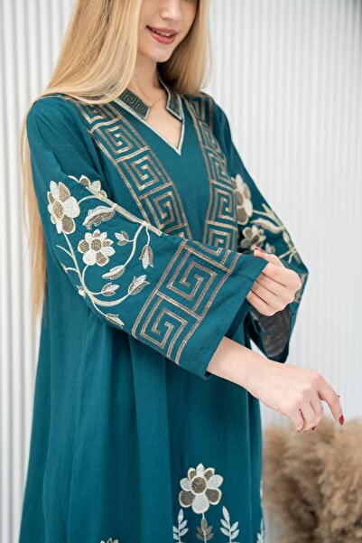 AFandina جلابية كتان بتصميم فاخر وتطريز راقٍSM-16