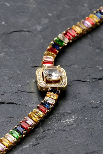 TAKIŞTIR Karışık Renk Taş Detaylı 14K Altın Kaplama CM Zincir Bileklik