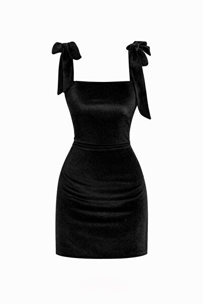 rashera Omuzdan Bağlamalı Kadife Mini Elbise – Esnek, Vücuda Oturan Form (Siyah)
